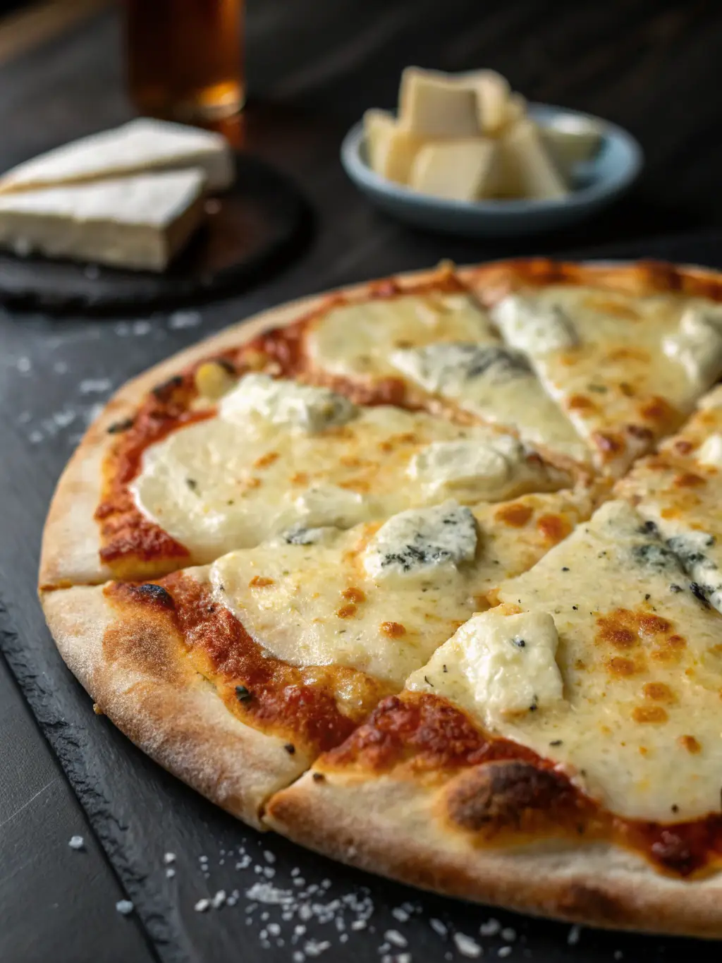 A creamy four-cheese pizza featuring mozzarella, provolone, parmesan, and gorgonzola, highlighting the rich and diverse cheese options at Call a Pizza.