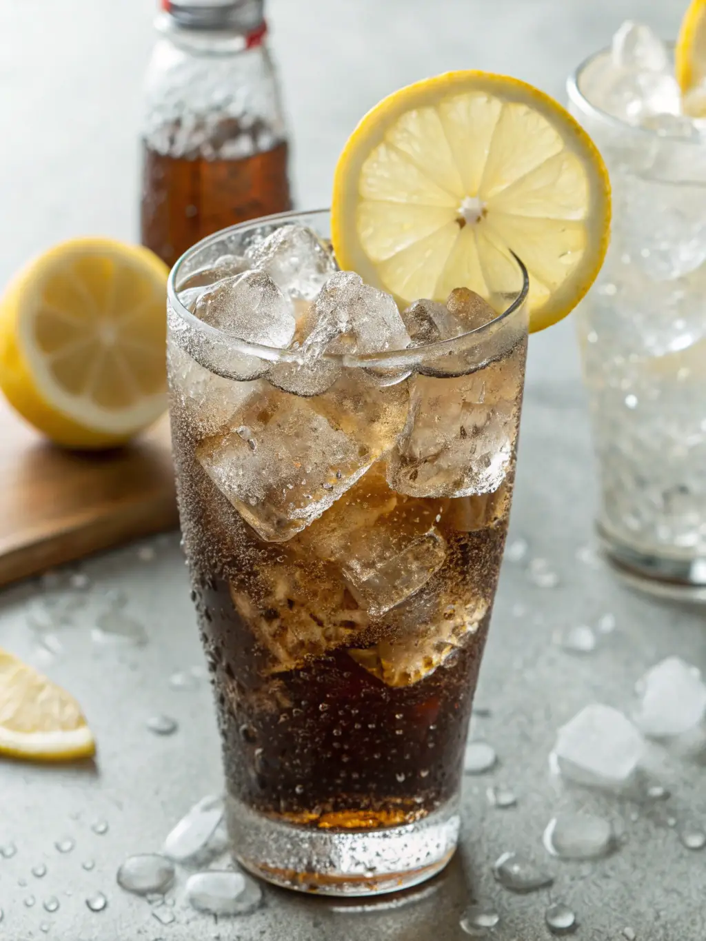 A bottle of sparkling water with condensation, next to a clear glass filled with ice cubes, emphasizing its refreshing and clean taste.