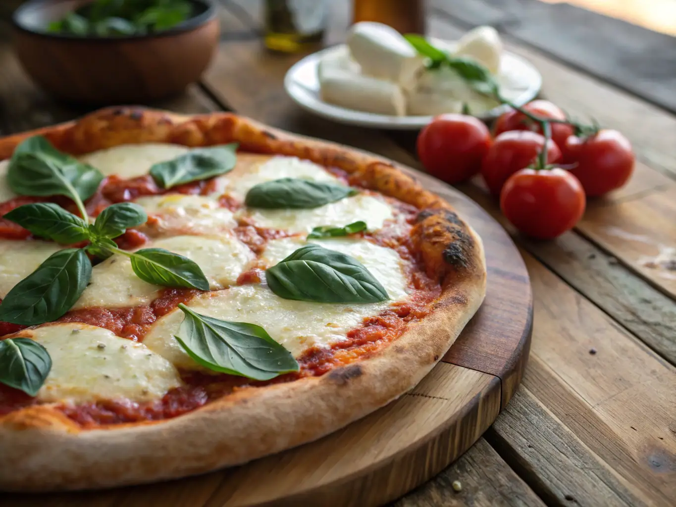 A vibrant, high-definition image showcasing a traditional Margherita pizza with fresh basil, ripe tomatoes, and melted mozzarella cheese, highlighting the simplicity and classic appeal of this style.