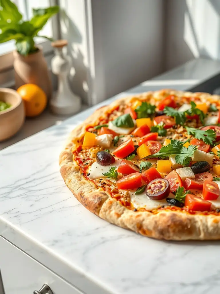 A delicious vegan pizza topped with colorful vegetables, plant-based cheese, and a drizzle of olive oil, highlighting the variety of vegan options at Call a Pizza.