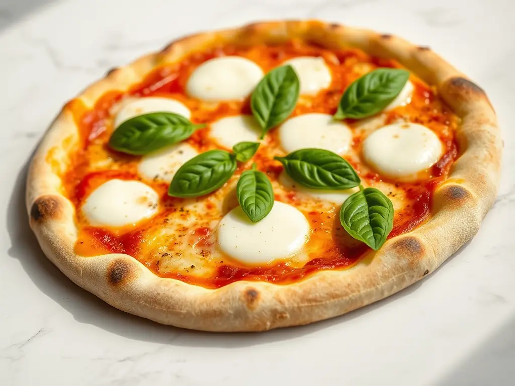 A vibrant, appetizing image of a classic Margherita pizza with fresh basil leaves, showcasing the simplicity and quality of ingredients.
