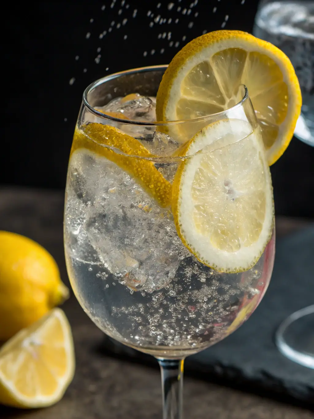 A bottle of chilled sparkling water with condensation, next to a pizza slice, emphasizing the drink options available at Call a Pizza.