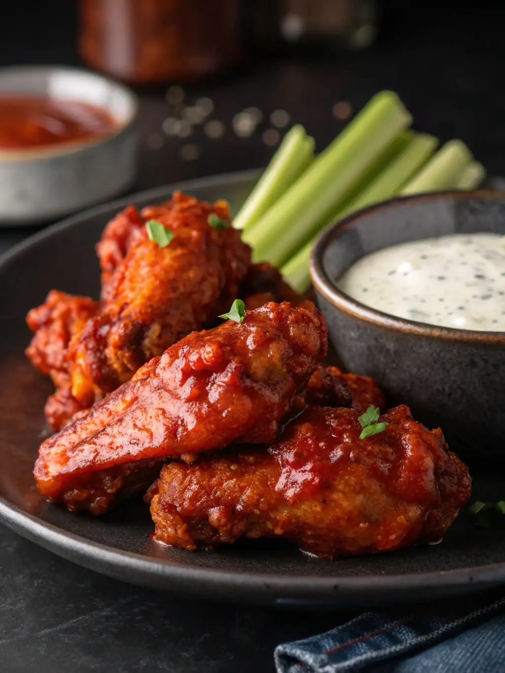A selection of dipping sauces in small bowls, including BBQ, ranch, and garlic mayo, displayed next to chicken wings, showcasing the variety of options at Call a Pizza.