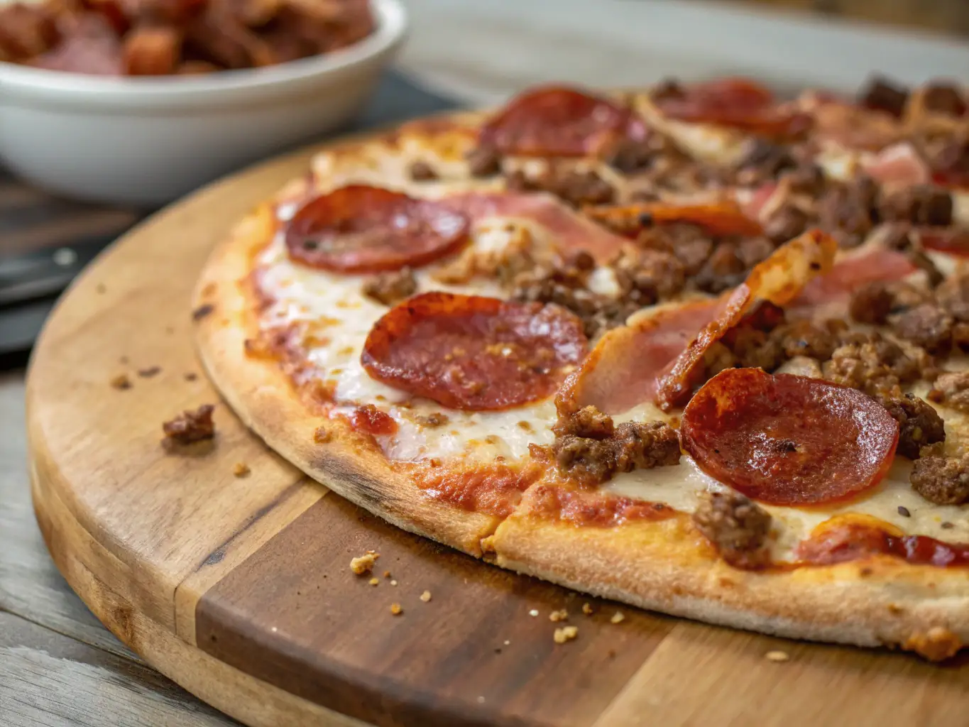 A mouthwatering image of a meat-lover's pizza piled high with various meats, such as pepperoni, sausage, and bacon, showcasing the richness and indulgence of the pizza.