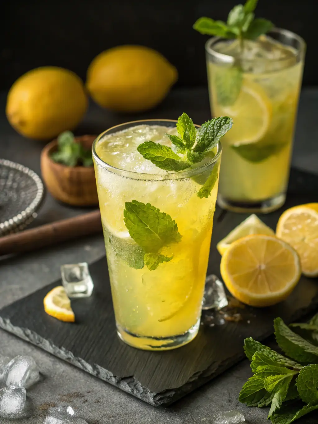 A refreshing glass of homemade lemonade with lemon slices and mint leaves, placed on a table with a pizza in the background, highlighting the beverage options at Call a Pizza.