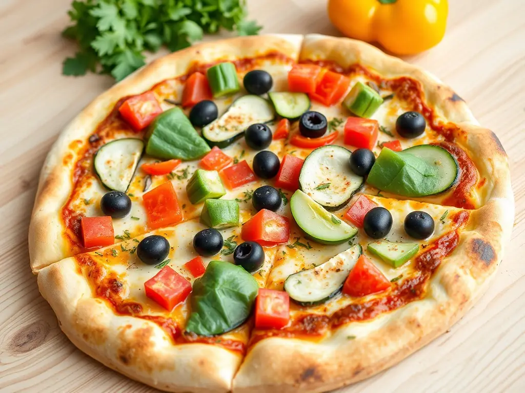 A visually appealing image of a vegan pizza loaded with colorful vegetables and plant-based cheese, emphasizing the variety and deliciousness of vegan options.