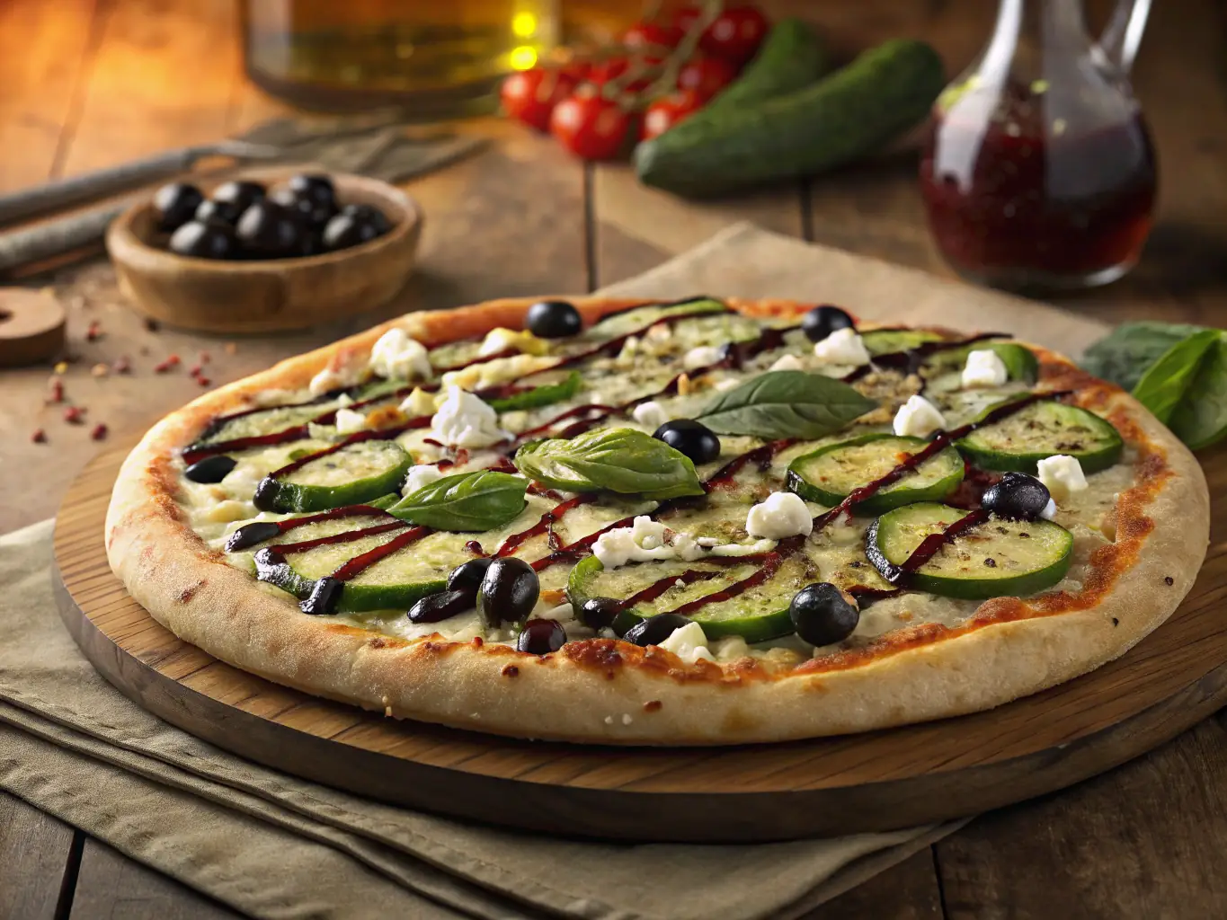 A mouth-watering image of a vegan pizza topped with colorful vegetables, plant-based cheese, and a drizzle of olive oil, emphasizing the healthy and flavorful aspects of this option.