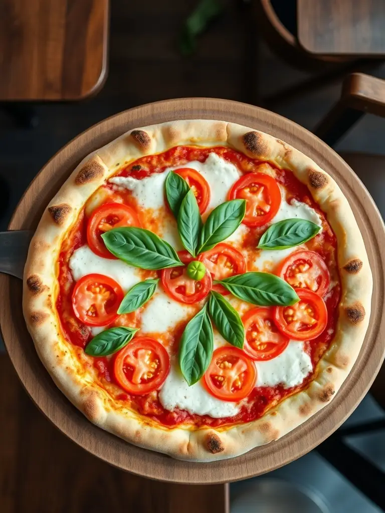 A vibrant image of a classic Margherita pizza with fresh basil, ripe tomatoes, and melted mozzarella cheese, showcasing the simplicity and quality of ingredients used at Call a Pizza.