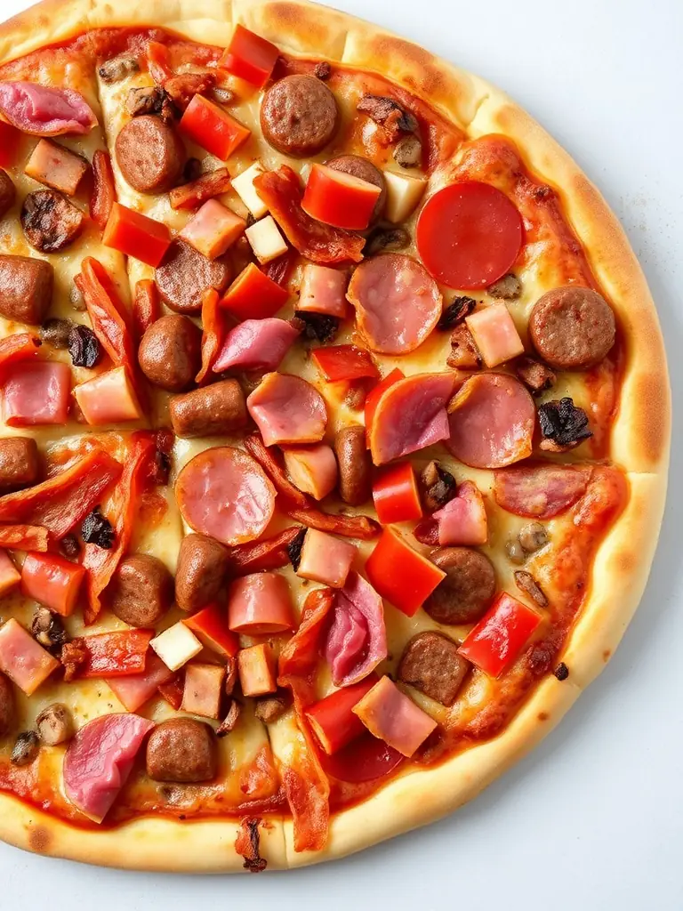 A hearty meat lover's pizza loaded with pepperoni, sausage, bacon, and ham, showcasing the generous toppings and savory flavors at Call a Pizza.