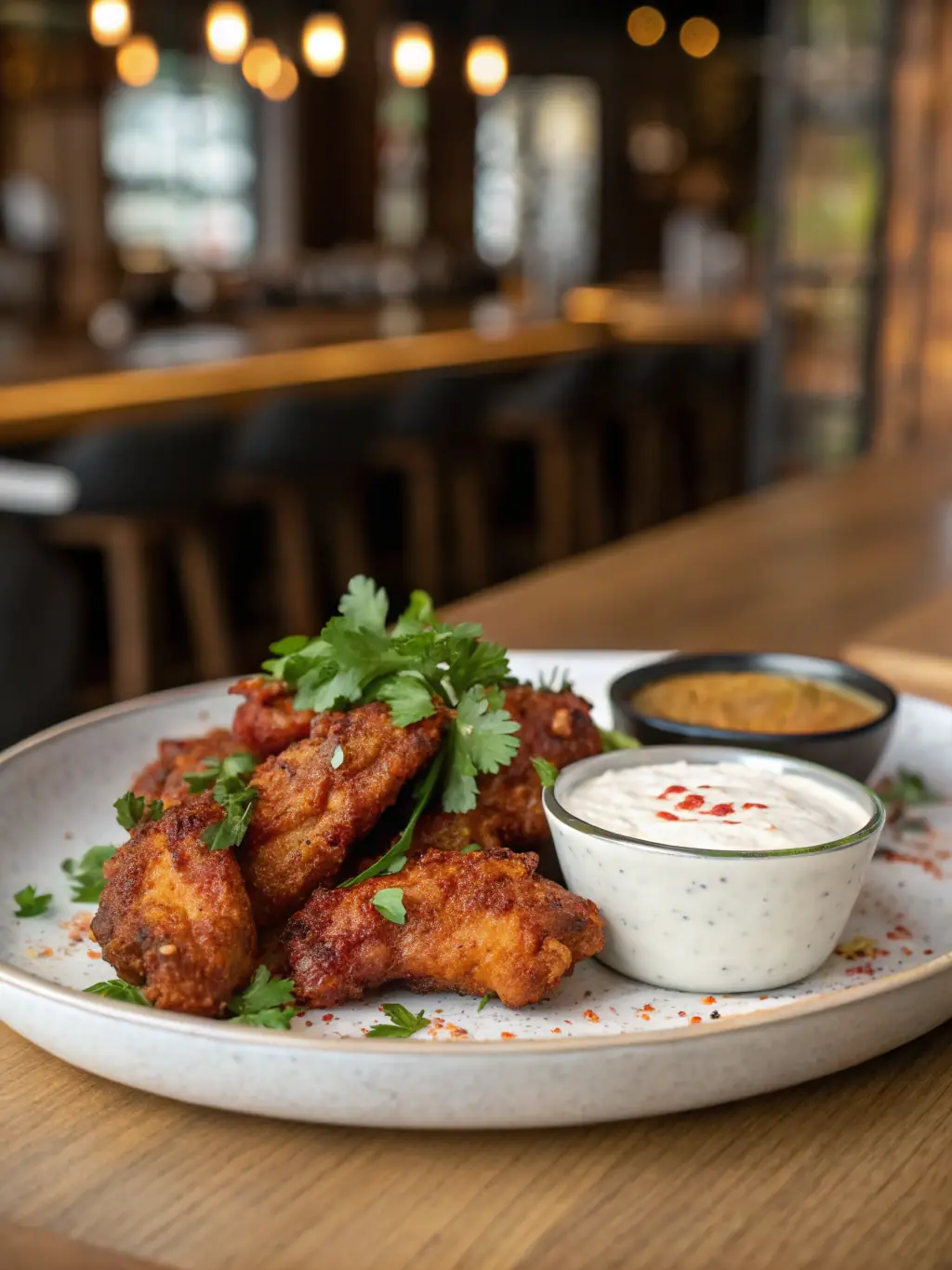 A close-up shot of crispy, golden-brown chicken wings, seasoned with herbs and spices, served with a side of dipping sauce on a rustic wooden board.